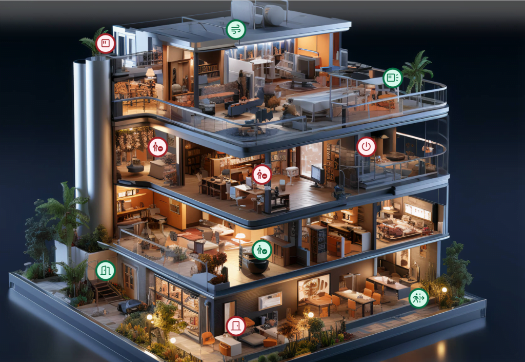 A render of a building showing IoT device points where data is collected.