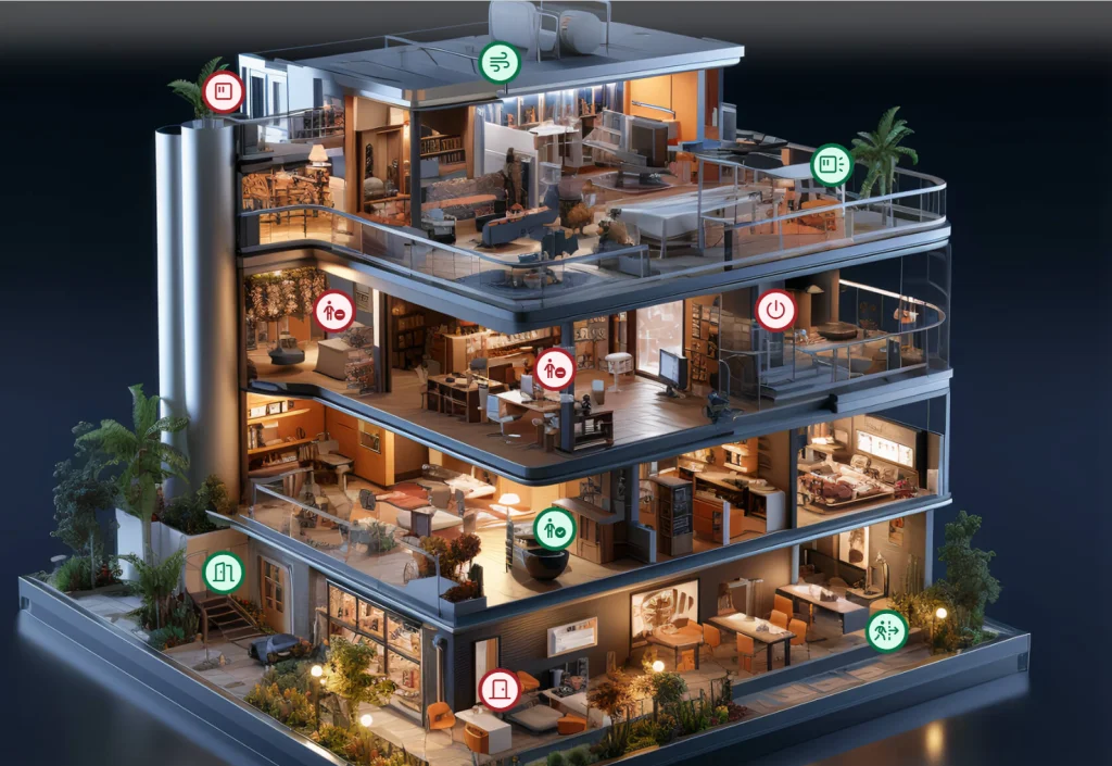 A render of a building showing IoT device points where data is collected.