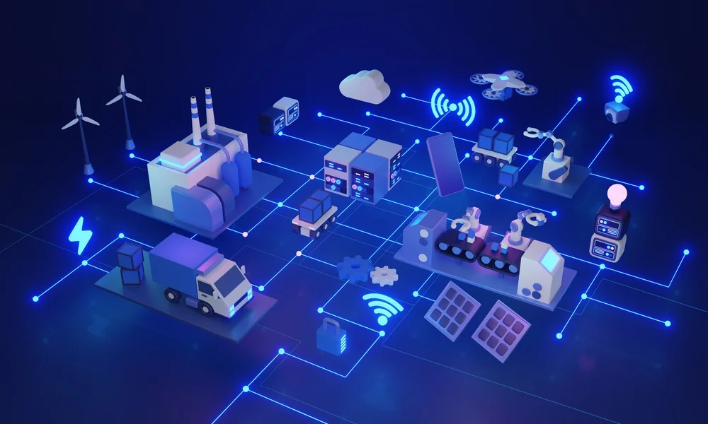 A graphical depiction of asset and vehicle tracking showing connected assets and devices
