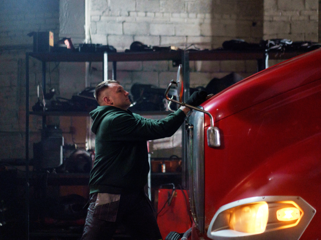 A truck driver inspects the front of his rig, representing the role of driver behavior monitoring in boosting fleet safety and performance.