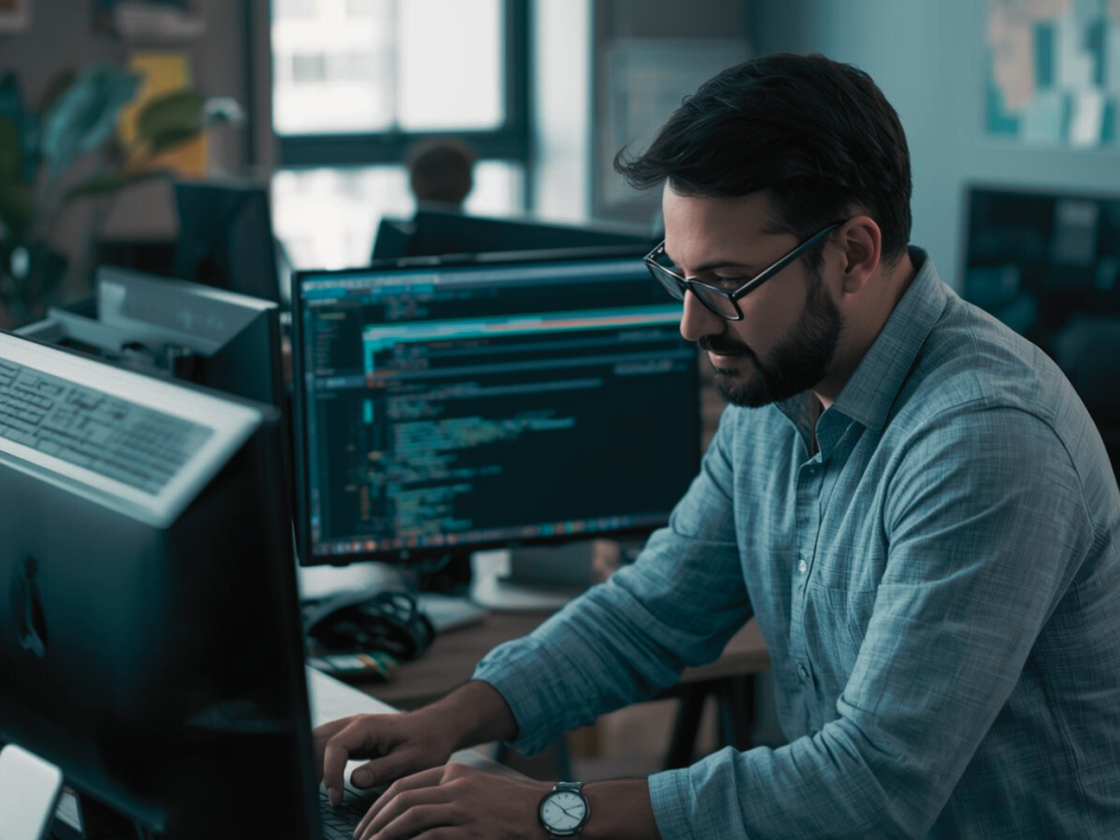 An IT specialist at their computer, configuring industrial IoT systems, reflecting the hands-on effort required to assemble and customise solutions like PTC ThingWorx