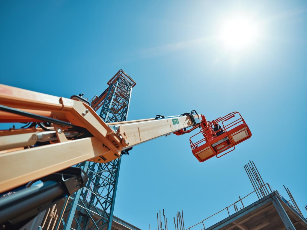 A boom lift at a construction site shows the power of fleet management automation for hire companies