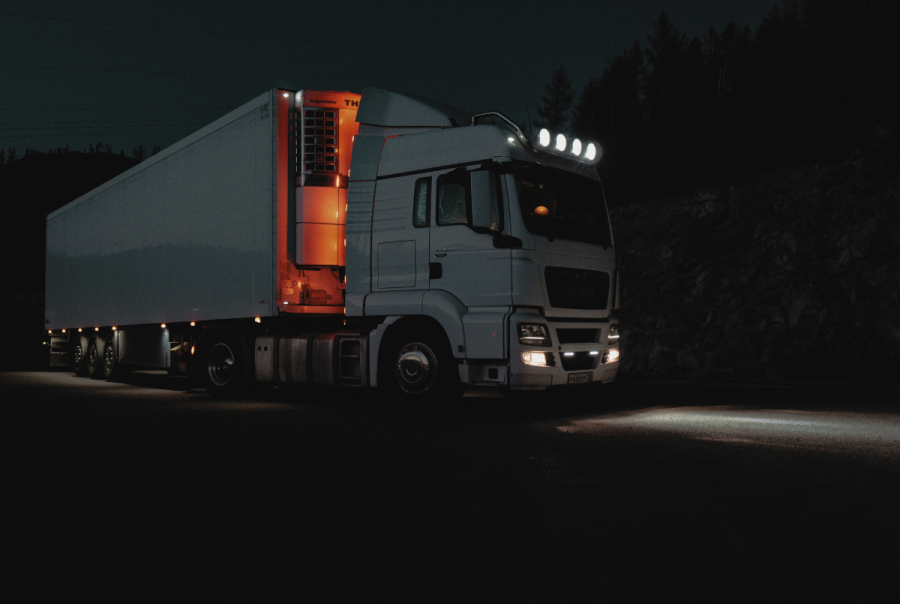 Refrigerated truck on a quiet night-time road