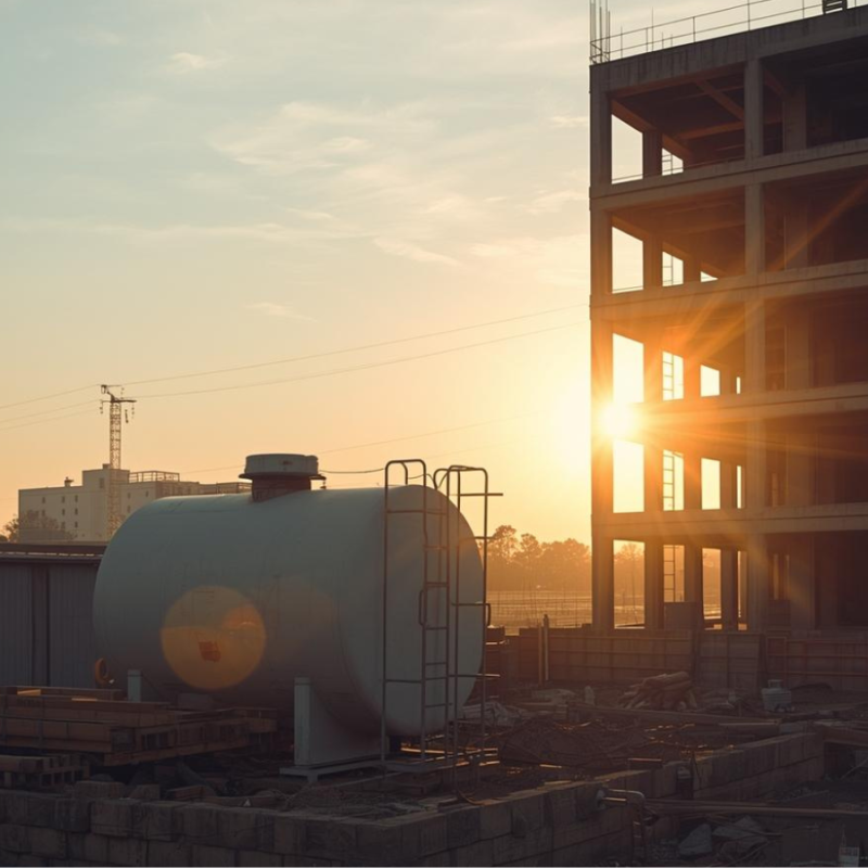 Construction site fuel tank on a quiet construction site at dusk
