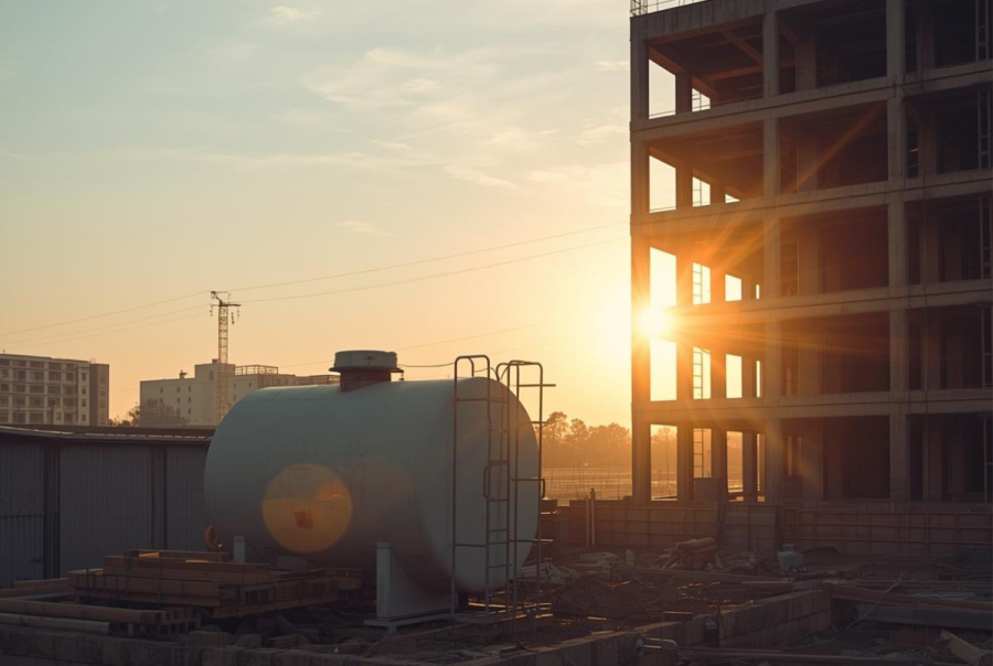 Construction site fuel tank on a quiet construction site at dusk