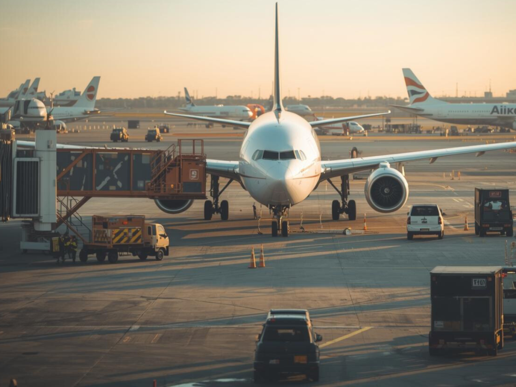 A commercial aircraft on the apron surrounded by ground support vehicles, illustrating the context of Inauro vs Proveo for GSE fleet management in airport operations
