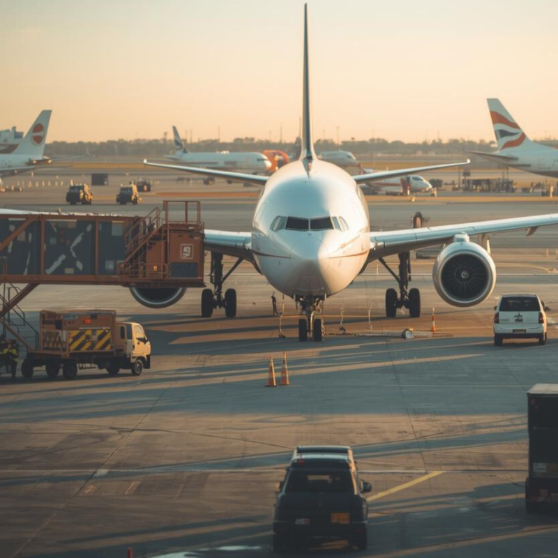 A commercial aircraft on the apron surrounded by ground support vehicles, illustrating the context of Inauro vs Proveo for GSE fleet management in airport operations