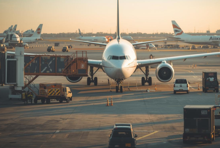 A commercial aircraft on the apron surrounded by ground support vehicles, illustrating the context of Inauro vs Proveo for GSE fleet management in airport operations