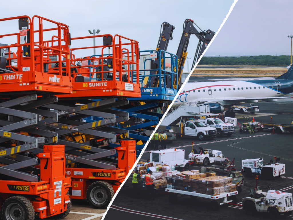 Split image showing airport GSE vehicles and broader airport assets, highlighting differences between Inauro and Proveo for GSE and airport operations.